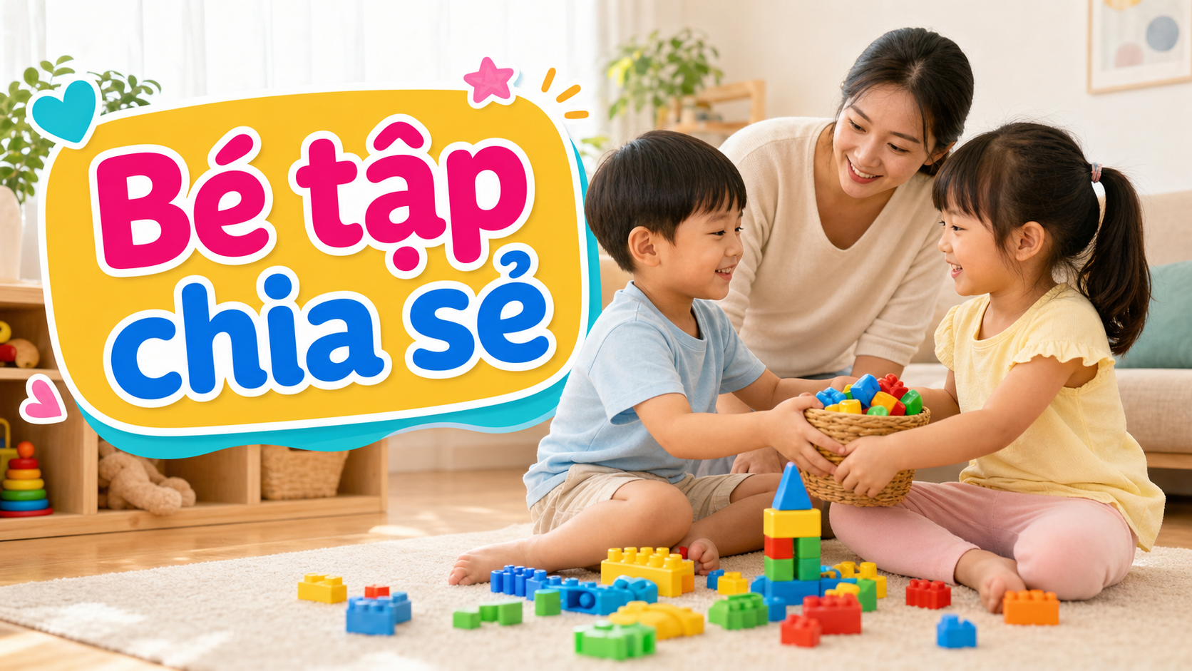 Hai bé mẫu giáo cùng chia sẻ rổ khối lắp ráp trong góc chơi tại nhà