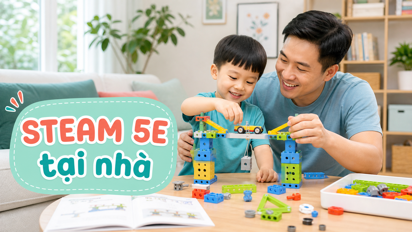 Bé trải nghiệm STEAM 5E tại nhà với bộ lắp ráp và cha mẹ đặt câu hỏi gợi mở