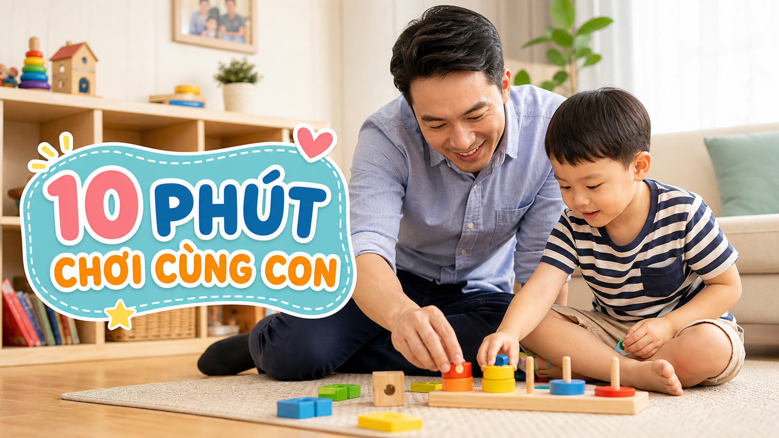 Cha bận rộn chơi 10 phút cùng con với đồ chơi xếp hình trong góc chơi gia đình