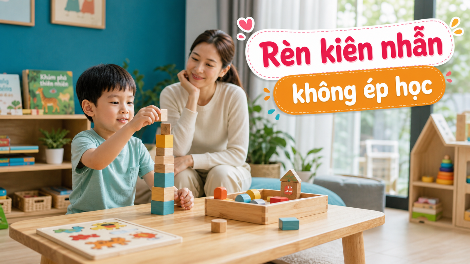 Bé chơi xếp hình cùng mẹ để rèn kiên nhẫn tại nhà