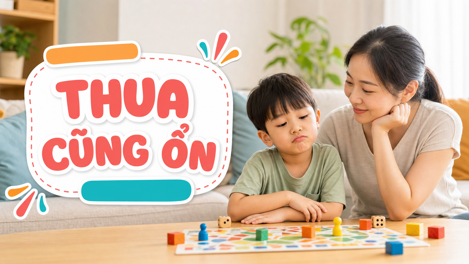 Mẹ động viên bé sau khi thua một lượt trong trò chơi bàn đơn giản tại nhà