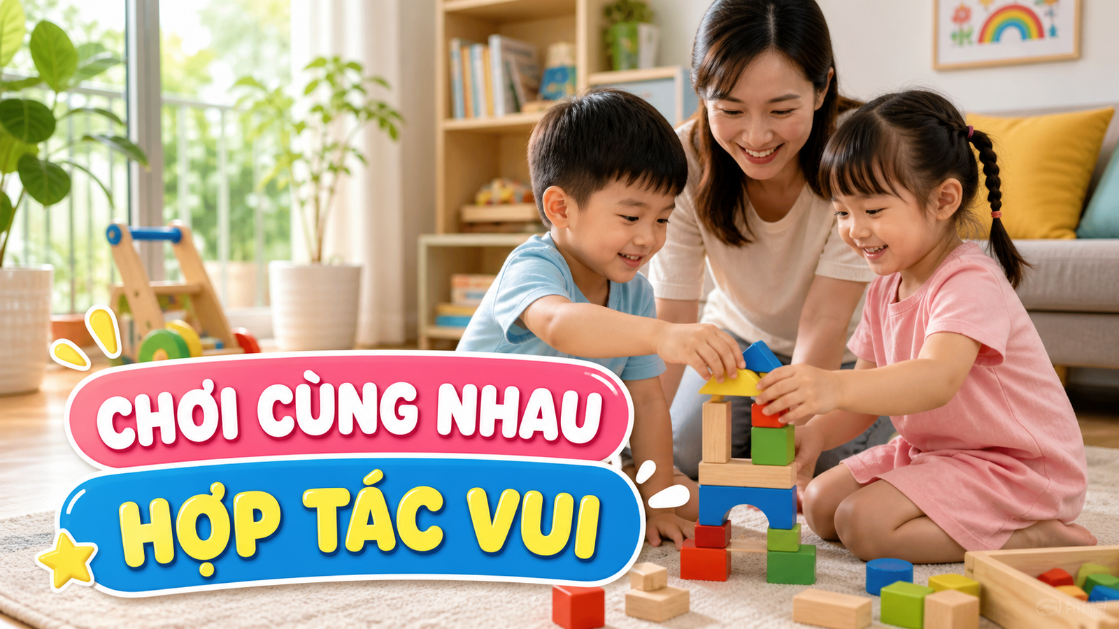Mẹ và hai bé chơi xếp khối hợp tác trong phòng khách