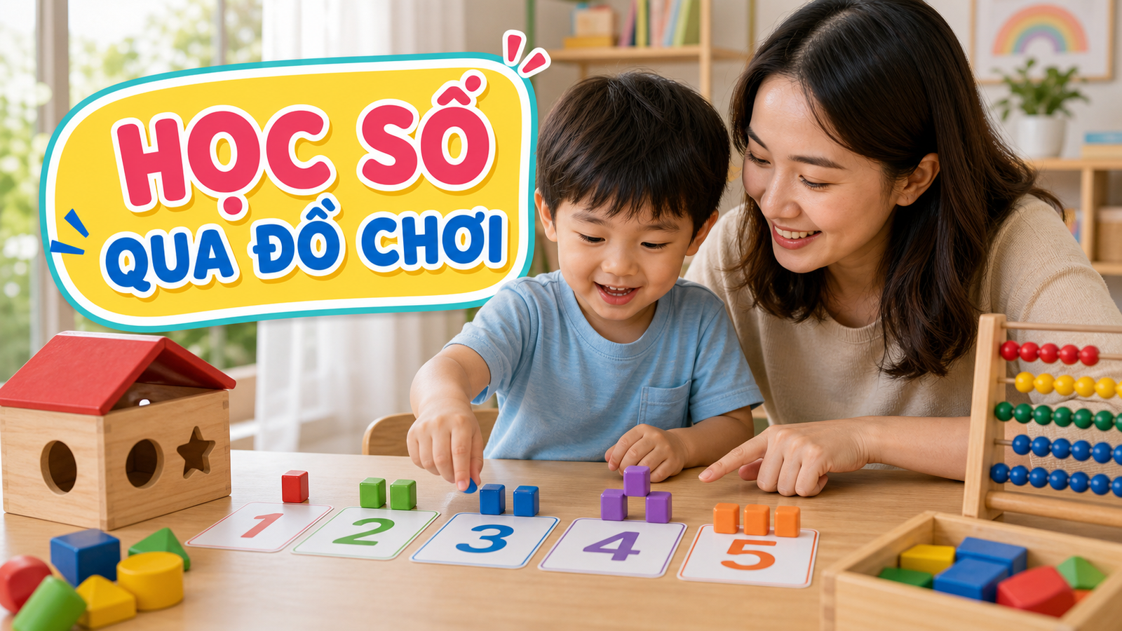 Mẹ cùng bé học số bằng thẻ số và khối màu tại nhà