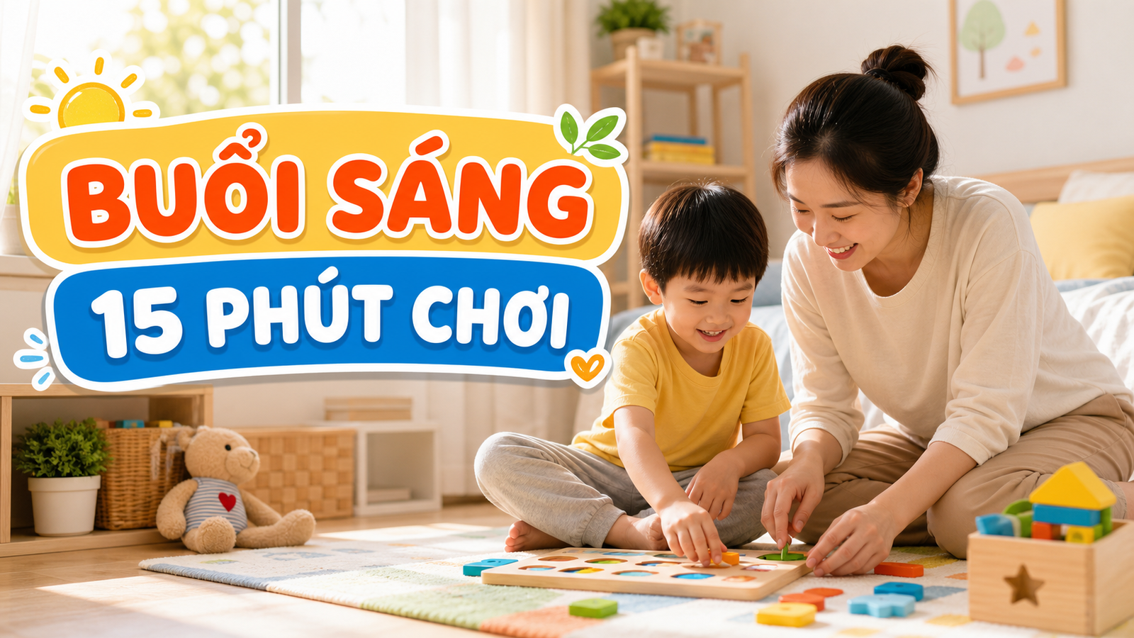 Mẹ cùng bé chơi nhẹ buổi sáng với khối gỗ và thẻ hình