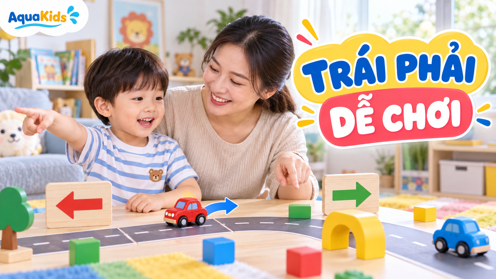 Trò chơi trái phải cho bé: học hướng bằng xe đồ chơi và mũi tên