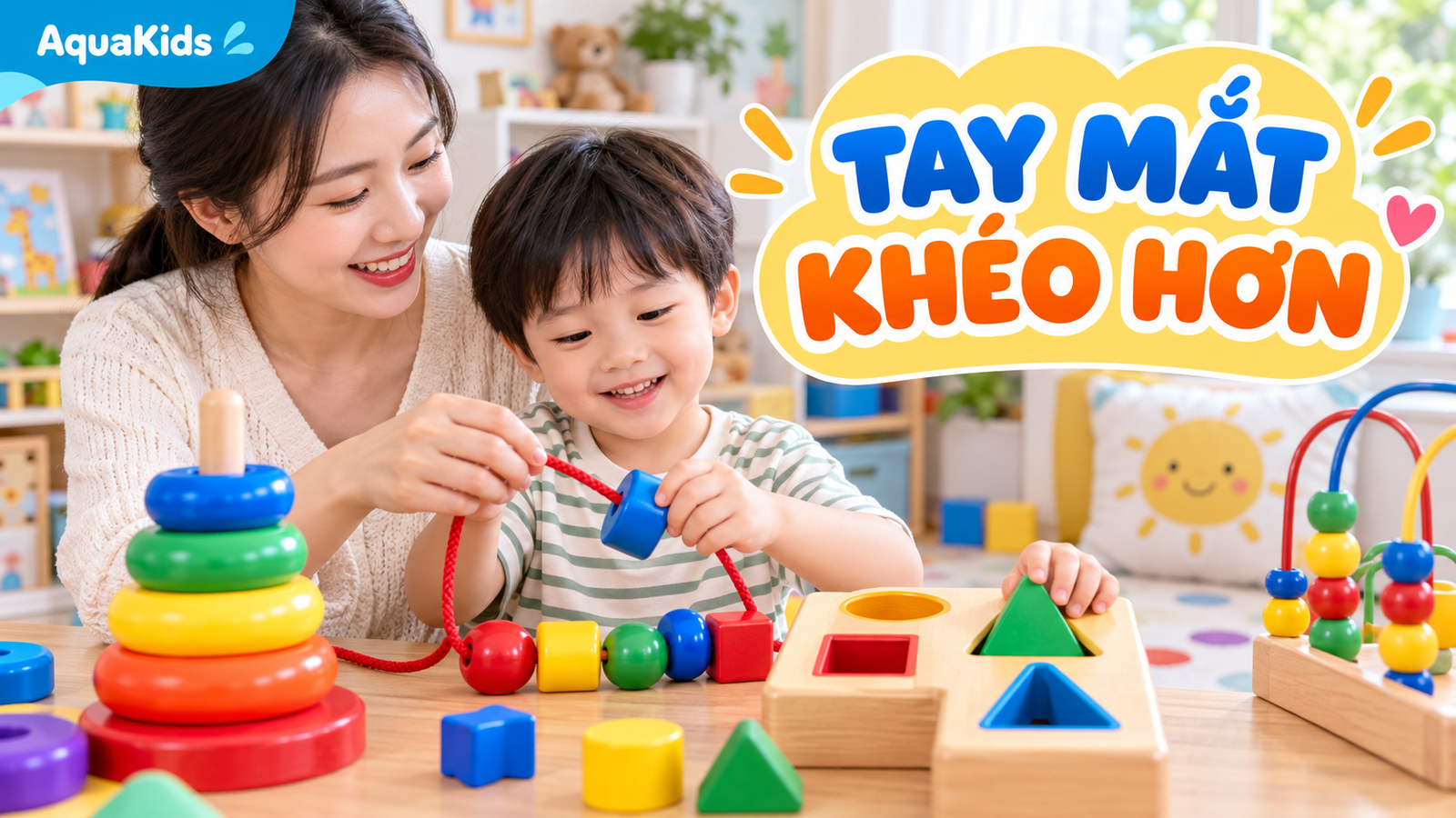 Trò chơi phối hợp tay mắt cho bé: xâu hạt lớn, xếp vòng và thả hình