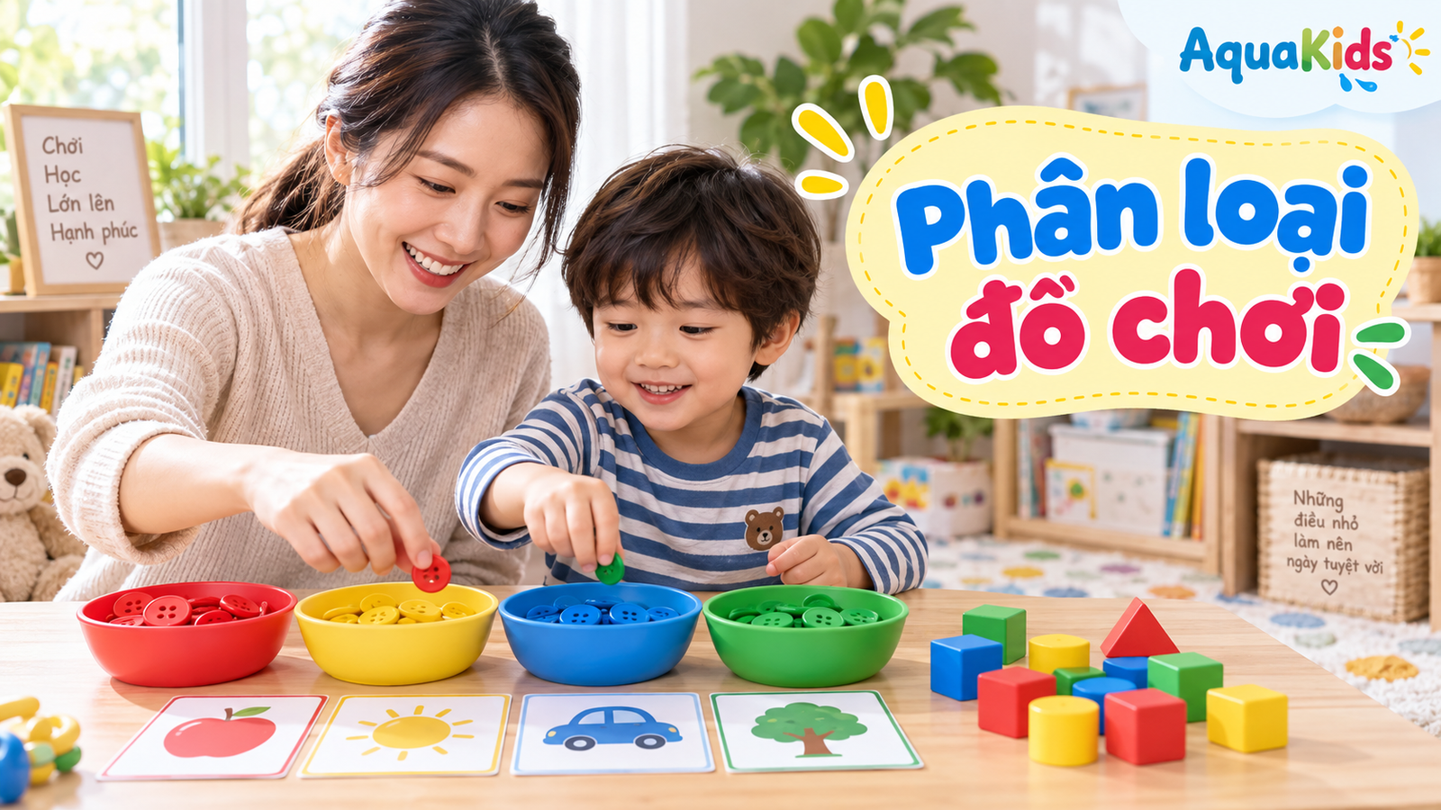 Mẹ và bé phân loại đồ chơi theo màu bằng khay nhỏ