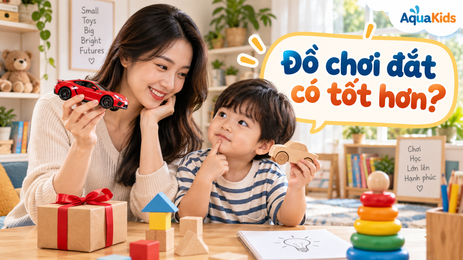Mẹ và bé so sánh hai món đồ chơi khác nhau trước khi chọn