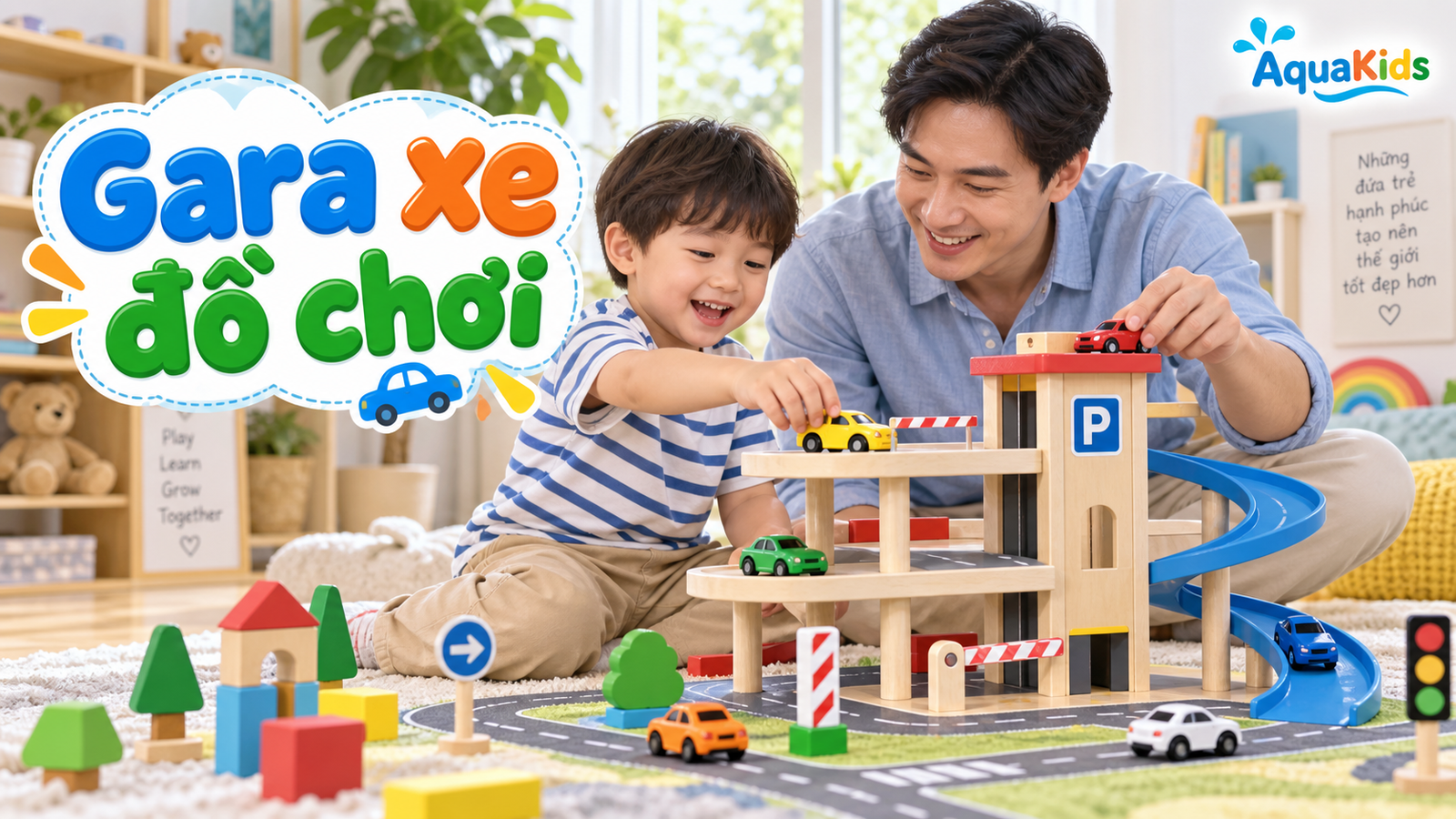 Bố và bé chơi gara xe đồ chơi với đường dốc và bãi đỗ