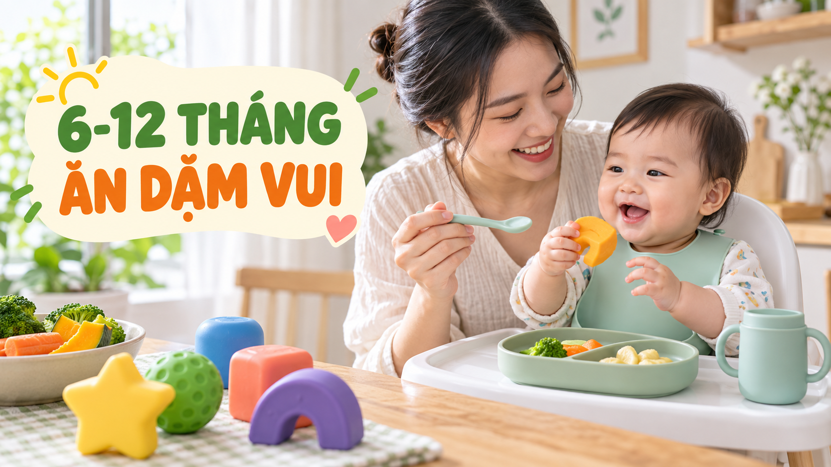 Mẹ ngồi cạnh bé 6-12 tháng trong giờ ăn dặm vui và an toàn