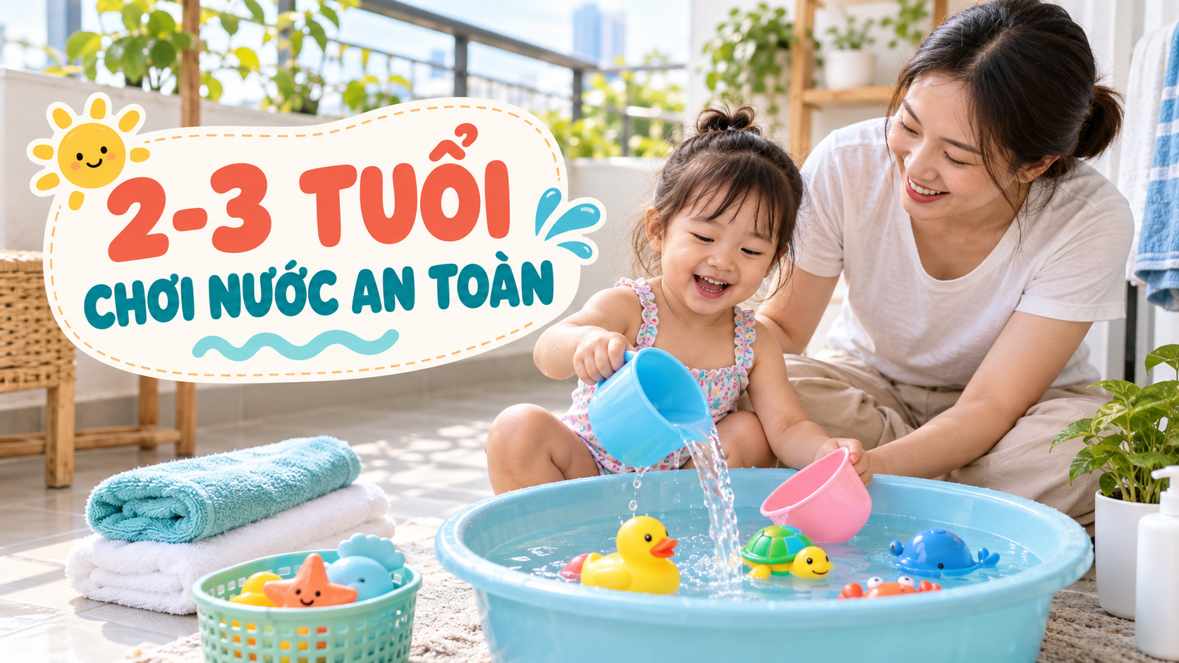 Mẹ quan sát bé 2-3 tuổi chơi nước trong chậu nông với cốc lớn