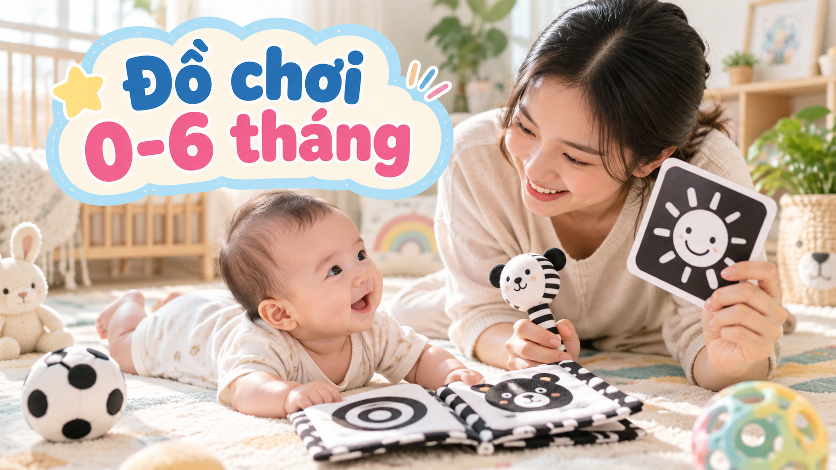 Mẹ chơi thẻ tương phản và xúc xắc mềm cùng bé 0-6 tháng khi tập nằm sấp
