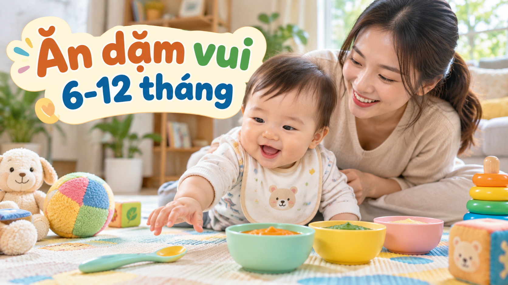 Mẹ ngồi cạnh bé 6-12 tháng trong bữa ăn dặm nhiều màu an toàn