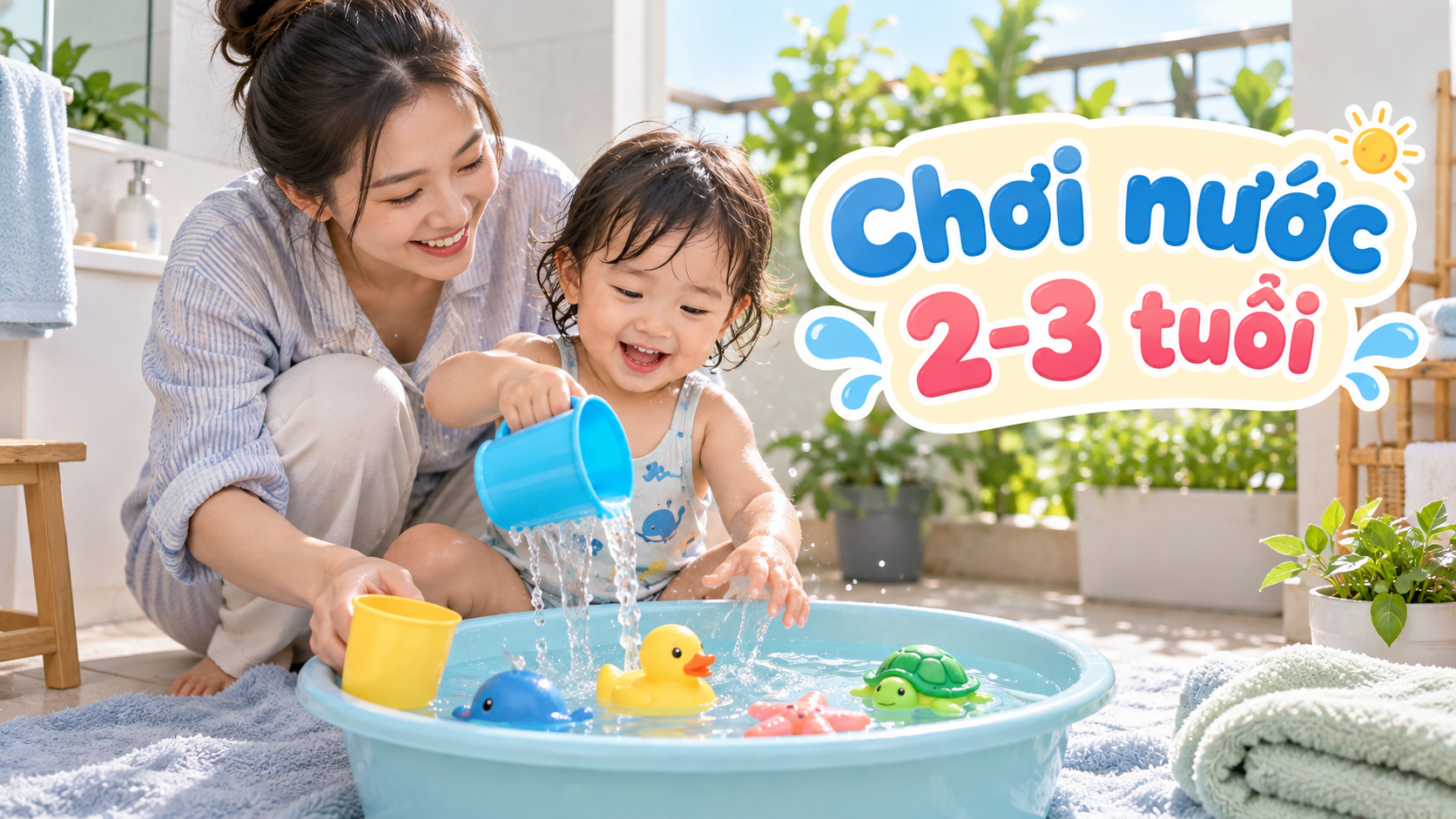 Mẹ quan sát bé 2-3 tuổi chơi nước trong chậu nông bằng cốc lớn