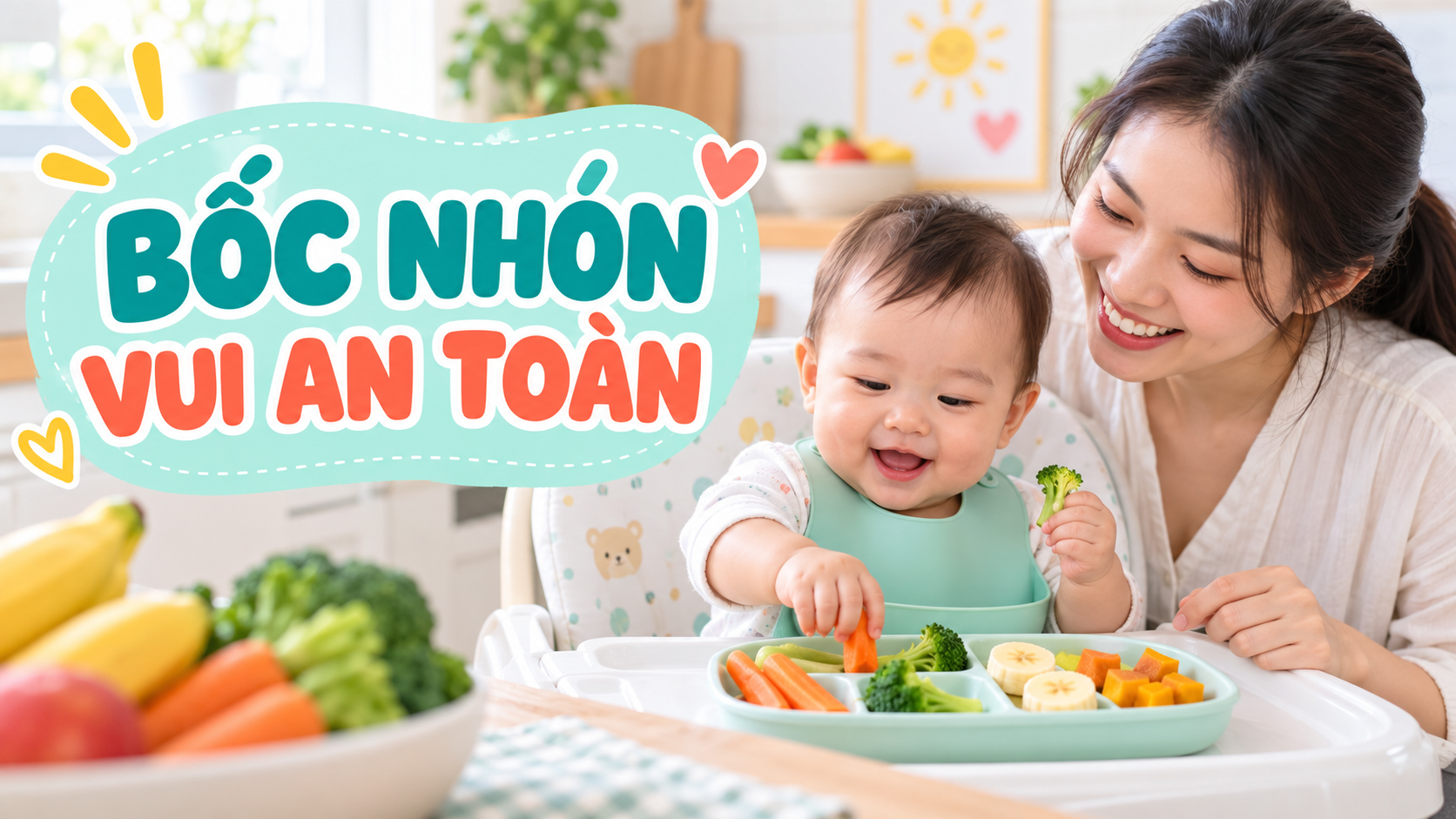 Mẹ quan sát bé 6-12 tháng tập bốc nhón trong bữa phụ an toàn