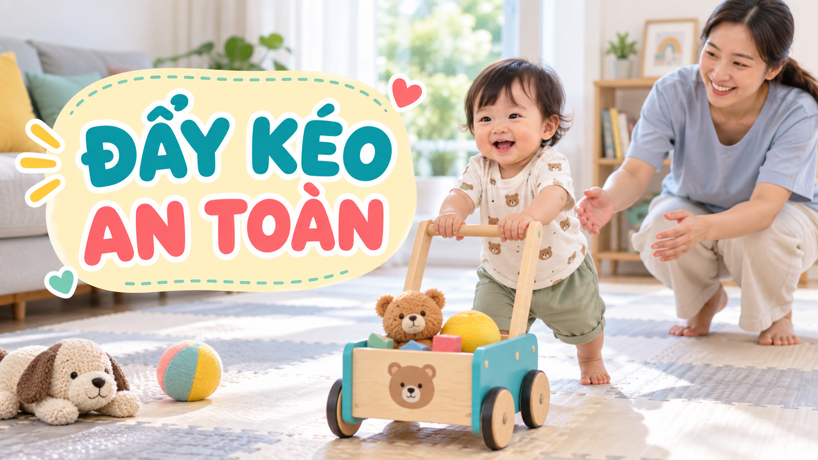 Bé 1-2 tuổi đẩy xe đồ chơi ổn định trên thảm mềm có mẹ quan sát