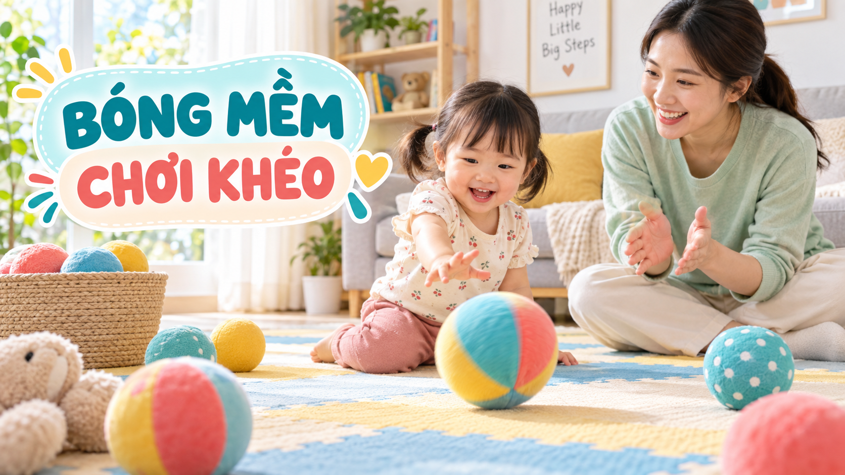 Bé 2-3 tuổi lăn bóng mềm cho mẹ trên thảm trong phòng khách