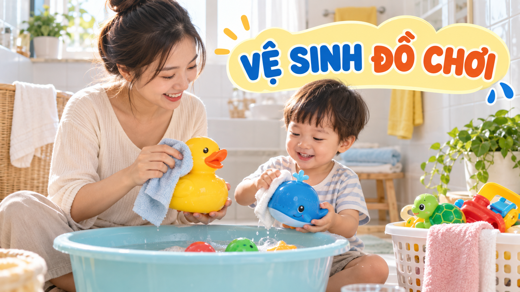 Vệ sinh đồ chơi cho bé 2-3 tuổi: dạy con lau, phơi và cất đúng chỗ