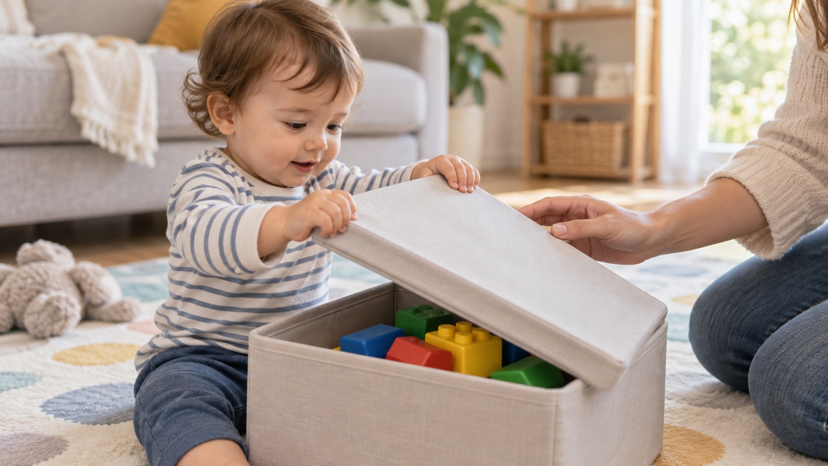 Bé mở nắp hộp dễ nâng có người lớn giữ cạnh bên