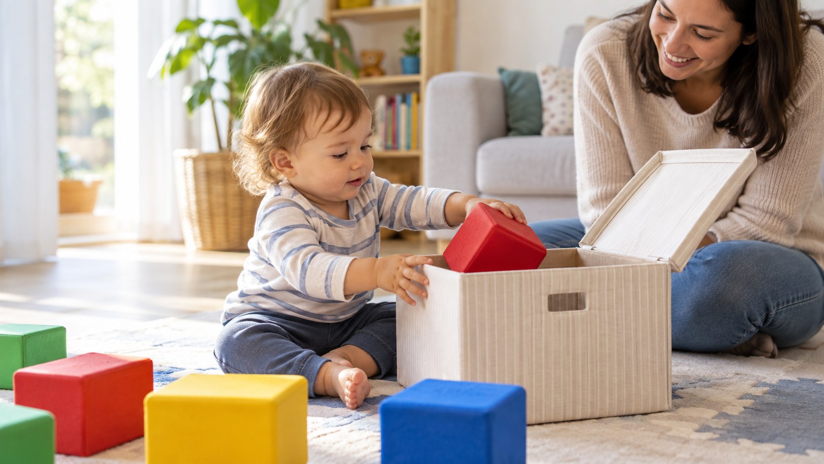 Bé bỏ khối lớn vào hộp rồi lấy ra trong giờ chơi