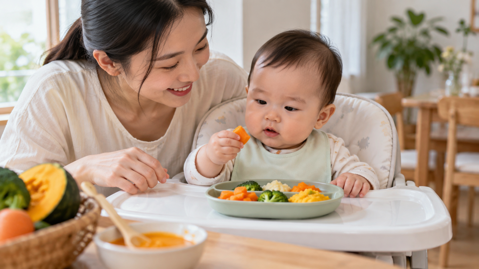 Bé 6-12 tháng quan sát món ăn dặm mềm cùng mẹ
