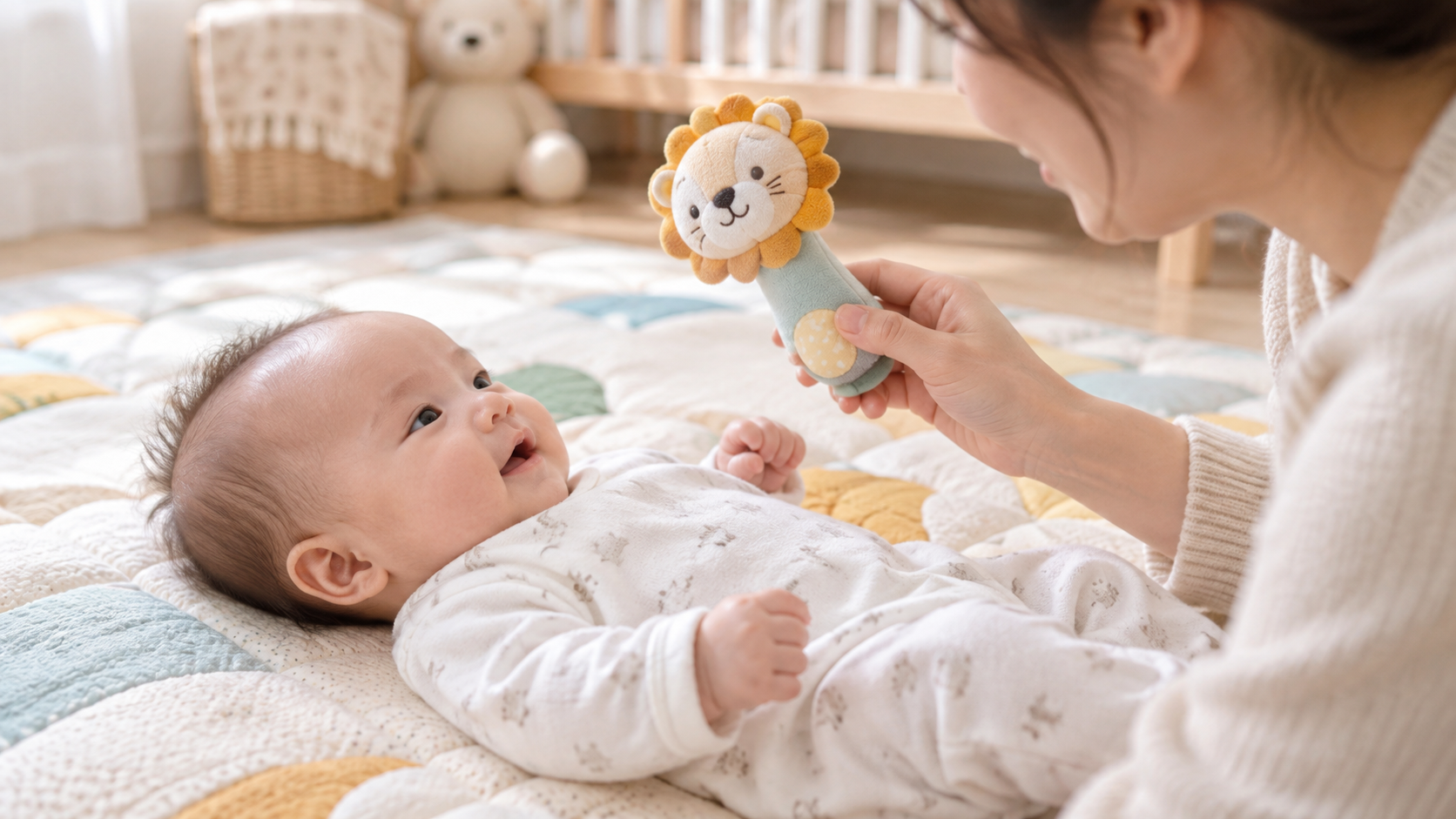 Bé nhỏ quan sát đồ chơi mềm ở khoảng cách an toàn