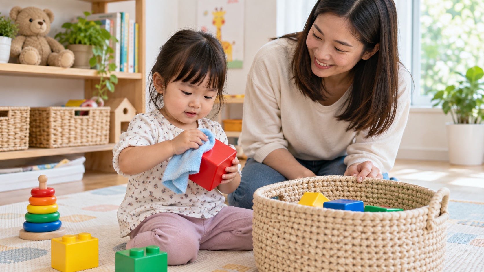 Vệ sinh đồ chơi cho bé 2-3 tuổi: dạy con lau, phơi và cất đúng chỗ