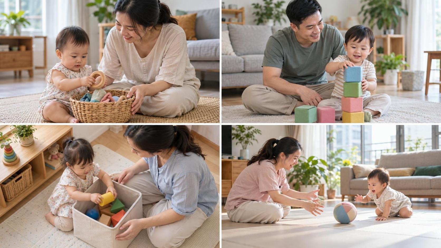 Bé cùng mẹ cất đồ chơi vào rổ thấp