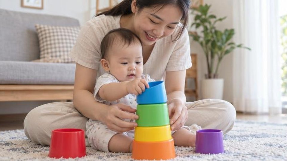 Bé 1-2 tuổi xếp cốc chồng cùng mẹ