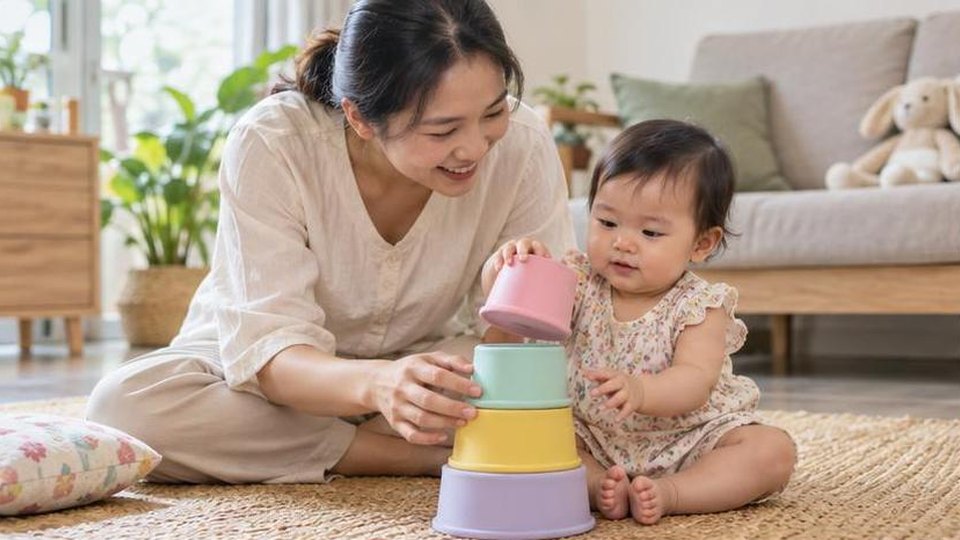 Bé thực hành xếp khối lớn theo tầng thấp
