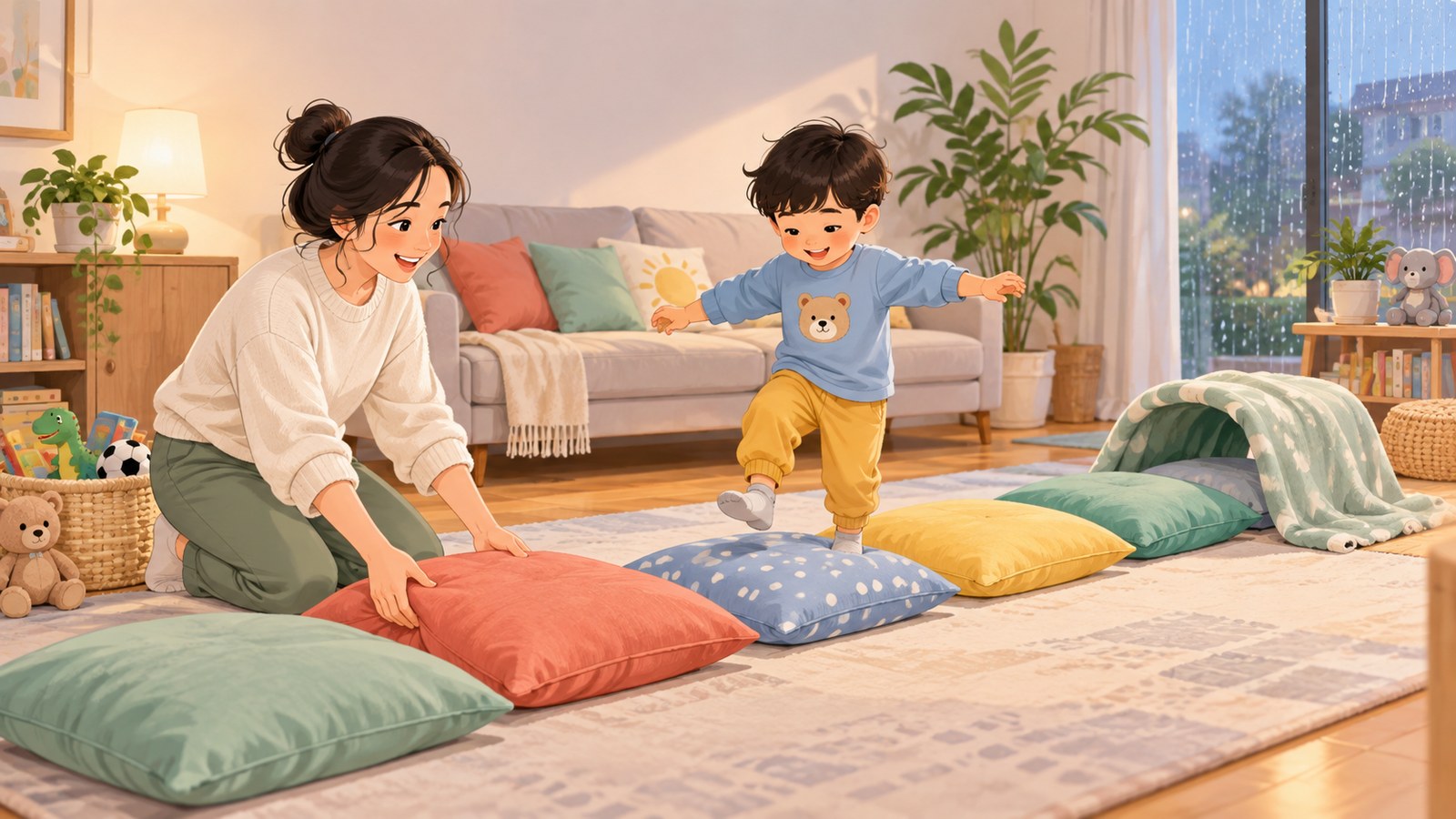 Mẹ và bé chơi đường đi gối đệm an toàn trong phòng khách ngày mưa