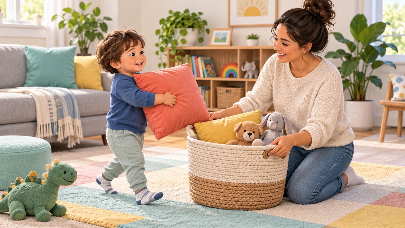 Bé cùng mẹ cất gối và đồ chơi sau phiên vận động trong nhà