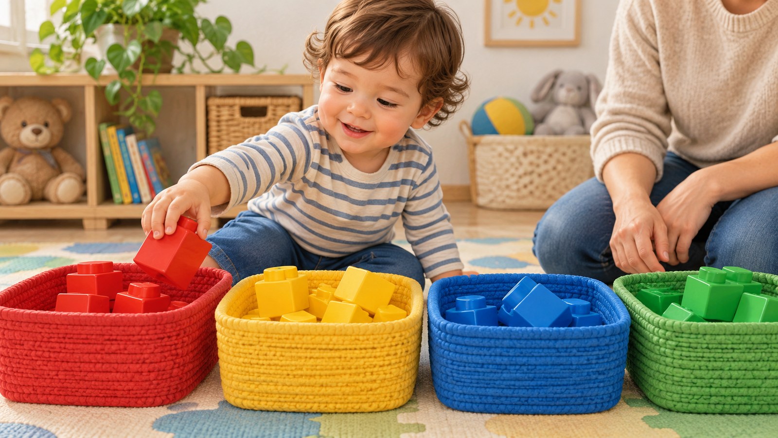 Bé phân loại khối lớn theo màu vào các giỏ an toàn