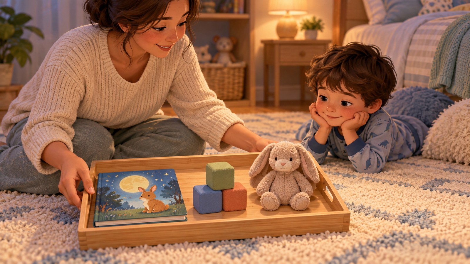 Khay ba món chơi yên tĩnh trước giờ ngủ gồm sách tranh, khối mềm và thú bông
