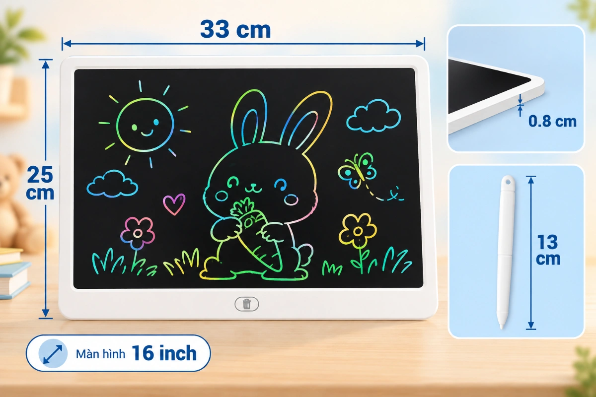 Bảng vẽ LCD điện tử đa sắc tự xóa thông minh 16 inch kèm bút cho bé sáng tạo