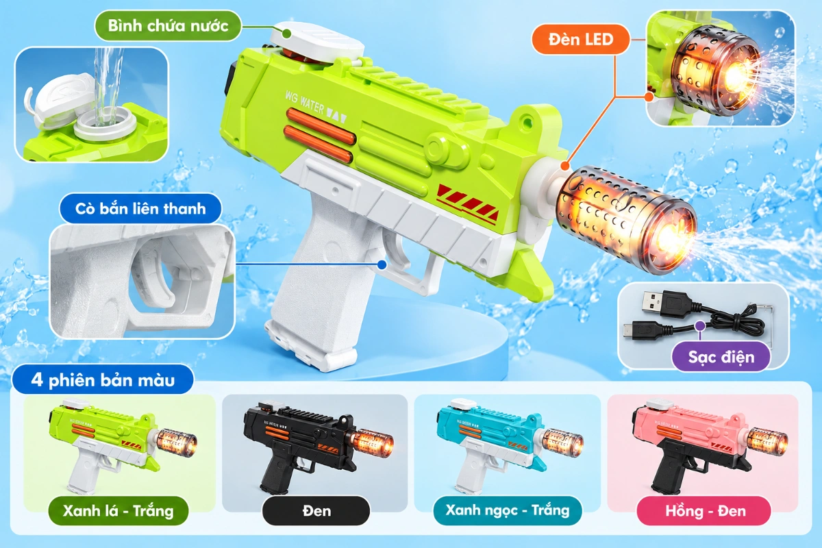 Máy Phun Nước Mini Tự Động Đồ Chơi Nước Sạc Điện Thiết Bị Đa Chế Độ Hè 2026 AquaKids