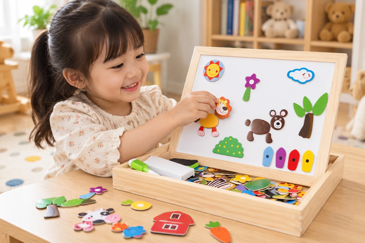 Đồ chơi xếp hình bảng bận rộn nam châm 2in1 có mặt vẽ chủ đề nông trại con vật dành cho bé từ 3 tuổi AquaKids