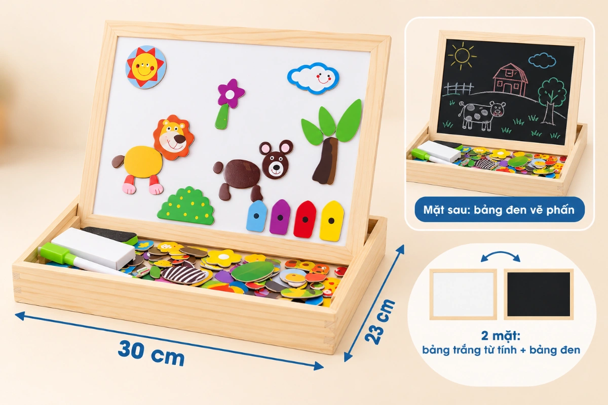 Đồ chơi xếp hình bảng bận rộn nam châm 2in1 có mặt vẽ chủ đề nông trại con vật dành cho bé từ 3 tuổi AquaKids