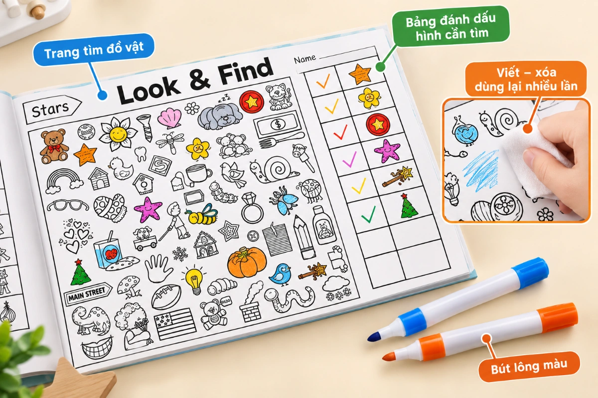 Bộ sổ trò chơi cho trẻ em vẽ rèn tính tập giáo dục sớm tương tác tô màu Look&Find luyện tư duy AquaKids
