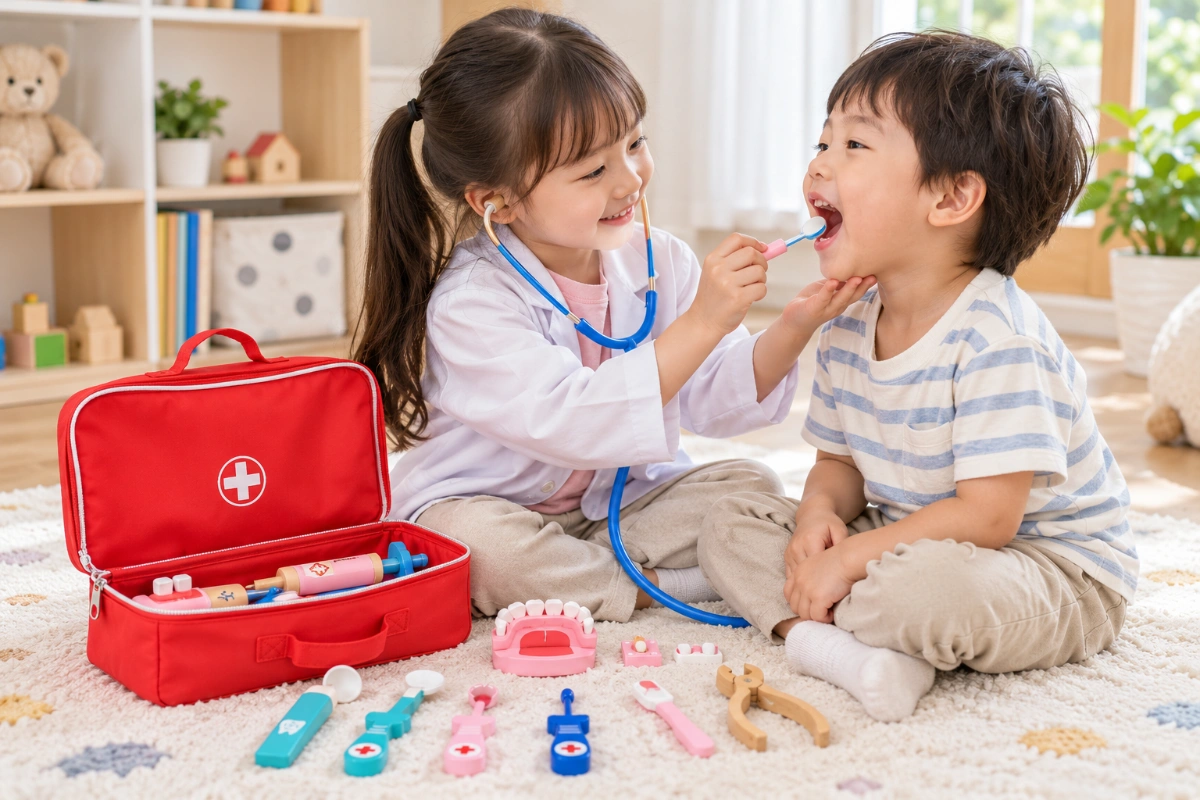 Bộ đồ chơi bác sĩ bằng gỗ thông minh 40 chi tiết cho bé mô phỏng thiết bị y tế nhập vai bác sĩ khám bệnh nha khoa y tá AquaKids
