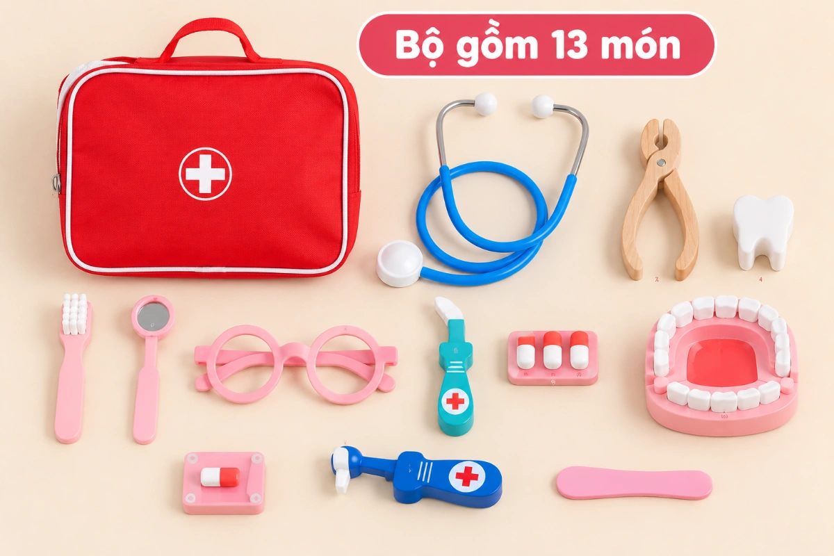 Bộ đồ chơi bác sĩ bằng gỗ thông minh 40 chi tiết cho bé mô phỏng thiết bị y tế nhập vai bác sĩ khám bệnh nha khoa y tá AquaKids