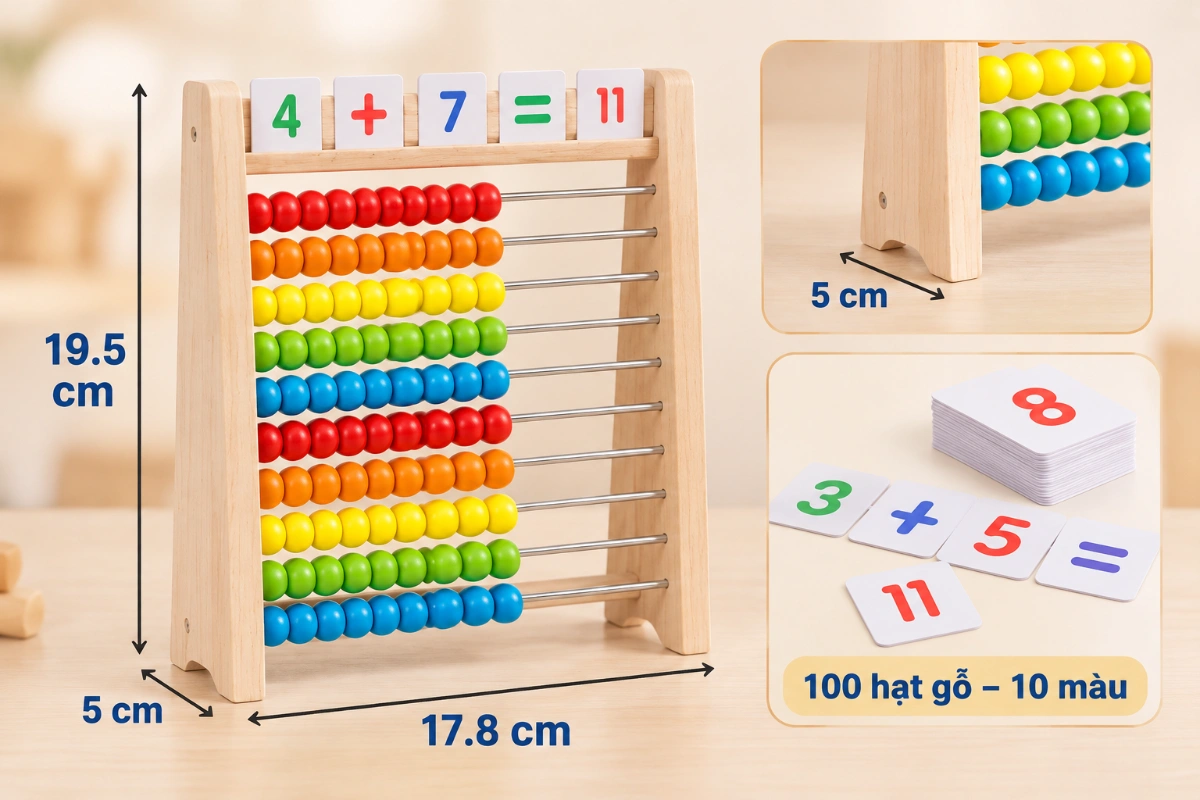 Bảng tính học toán bằng gỗ bảng tính hạt gỗ cho bé từ 3-6 tuổi giúp bé học toán và nhận biết màu sắc AquaKids