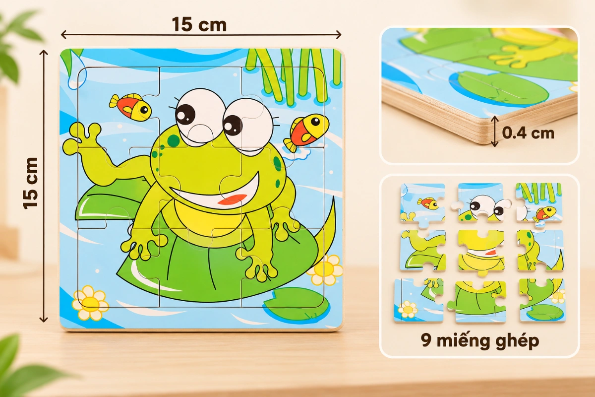 Tranh ghép hình 9 miếng loại lớn 15x15cm in hình ngộ nghĩnh bằng gỗ cho bé, đồ chơi xếp hình 9 miếng