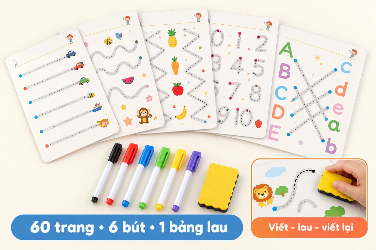 Combo Tập Tô Vẽ Thông Minh Xóa Được 64 Trang Học Liệu Montessori Tặng 6 Bút cho bé tiểu học 2 3 4 5 tuổi AquaKids