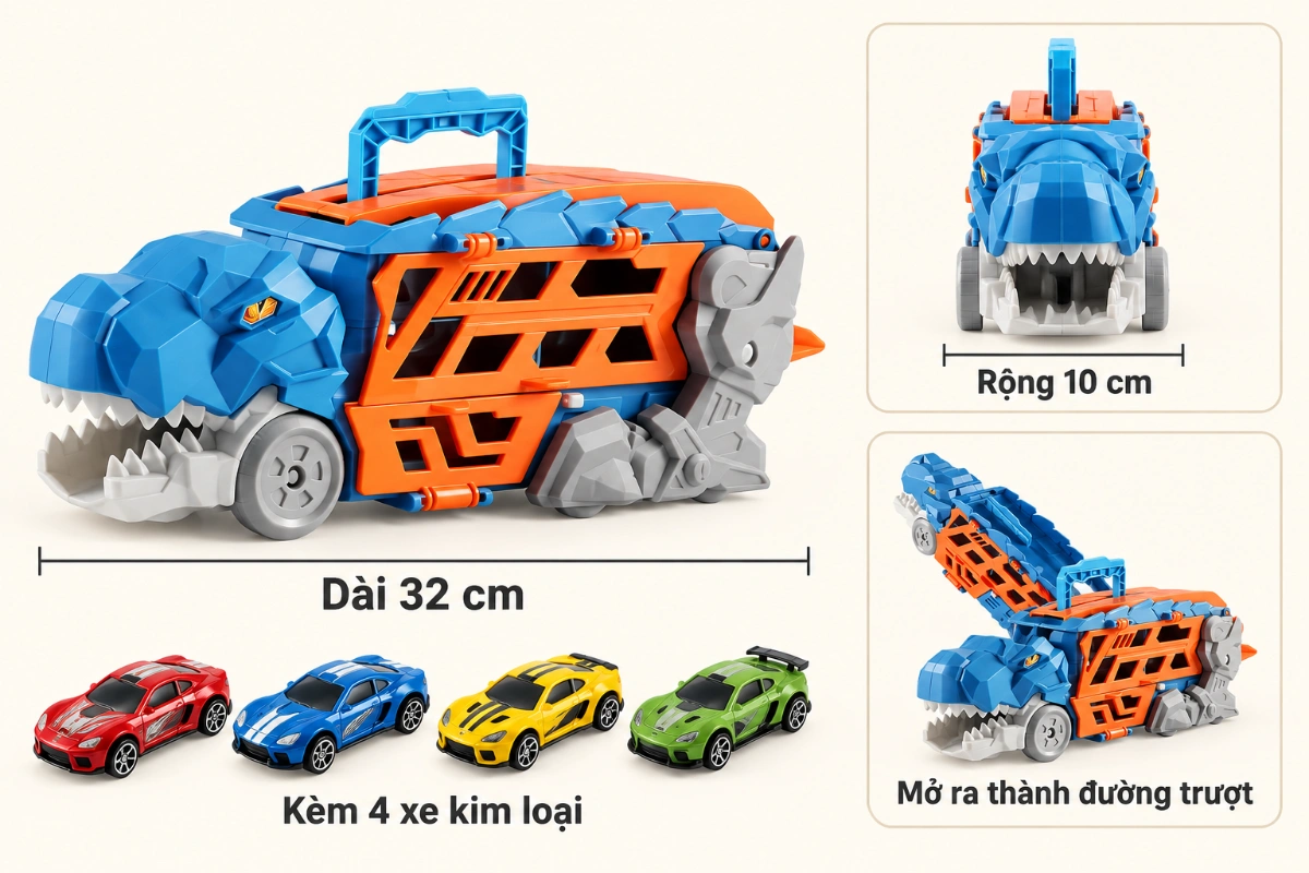 Ô tô khủng long đồ chơi nuốt xe biến hình đường đua cho bé tặng 4 xe kim loại giá rẻ