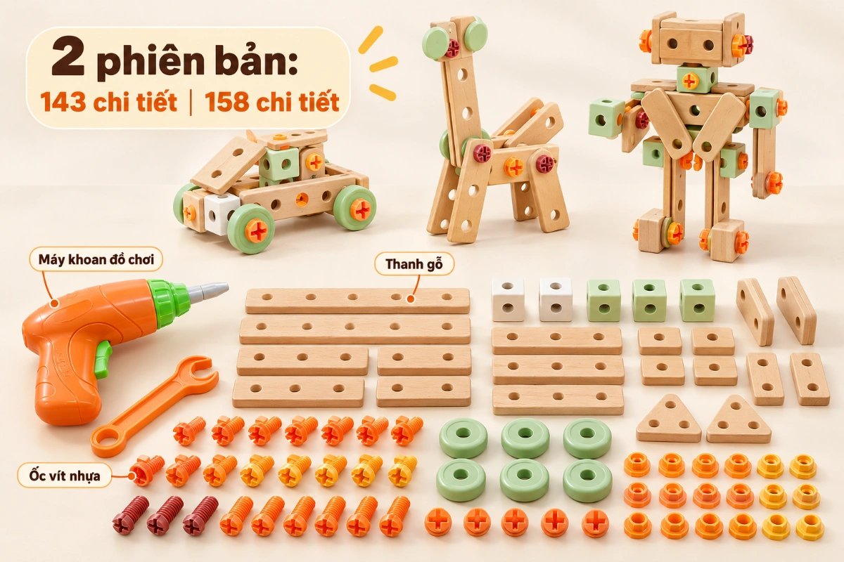 Bộ dụng cụ đồ chơi lắp ghép kỹ sư bằng gỗ cho bé DIY cao cấp 143 và 158 chi tiết AquaKids