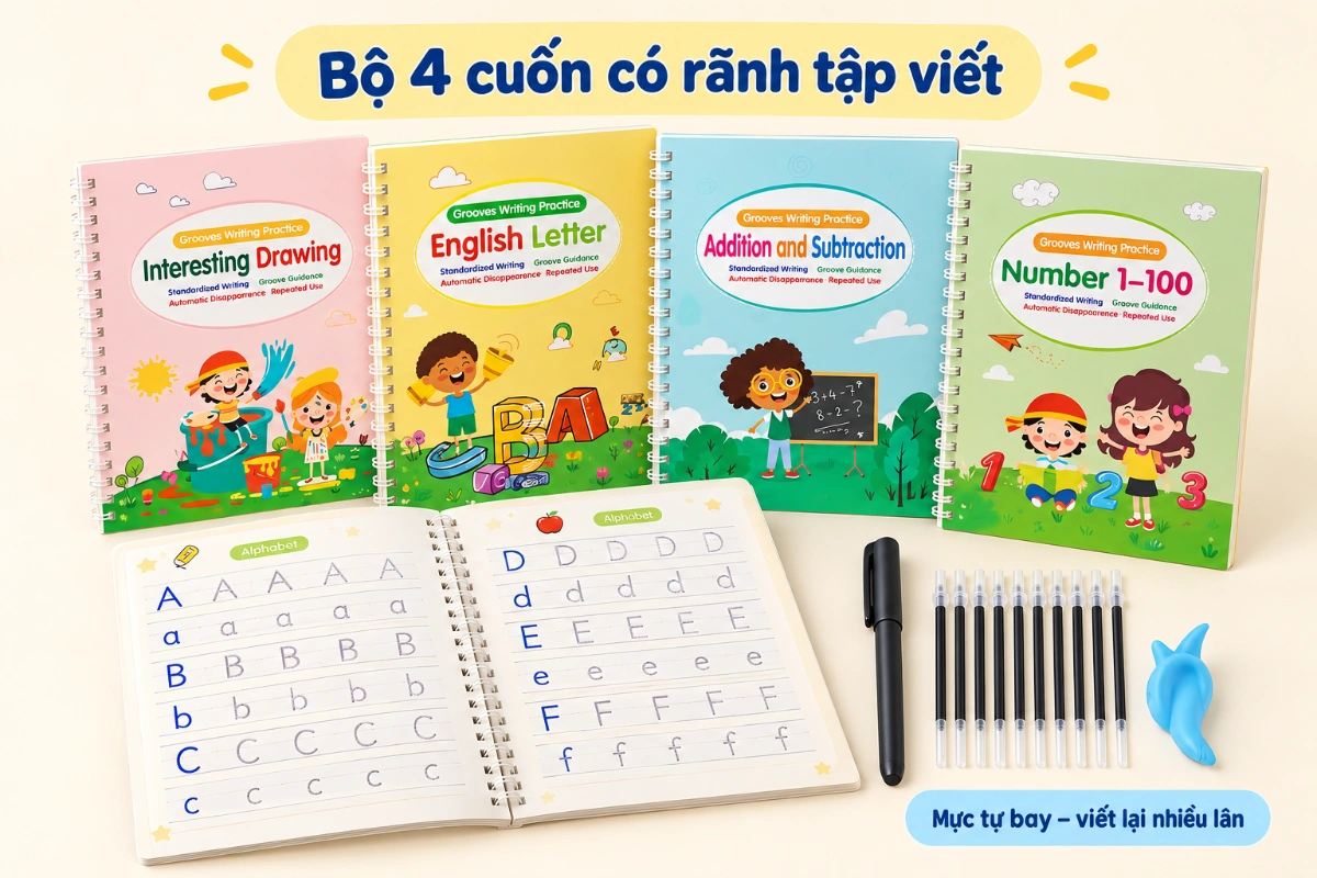 Vở luyện viết chữ đẹp và số theo chủ đề lớp 1 và tiểu học cho bé rèn viết có rãnh tập viết AquaKids