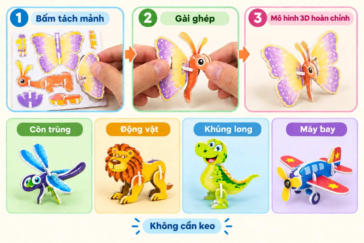 100 bộ miếng tranh ghép hình 3D bằng giấy dễ thương chủ đề côn trùng, động vật, khủng long, máy bay AquaKids