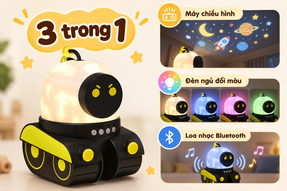 Robot đèn chiếu 3in1 mini kết nối blutooth chiếu sao star vừa là đèn ngủ đèn trang trí vừa phát nhạc