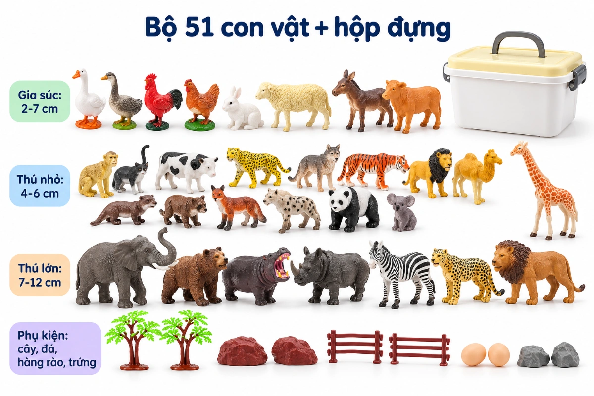 Bộ đồ chơi mô hình động vật thú rừng hoang dã 58 chi tiết cho bé đồ chơi giáo dục thông minh